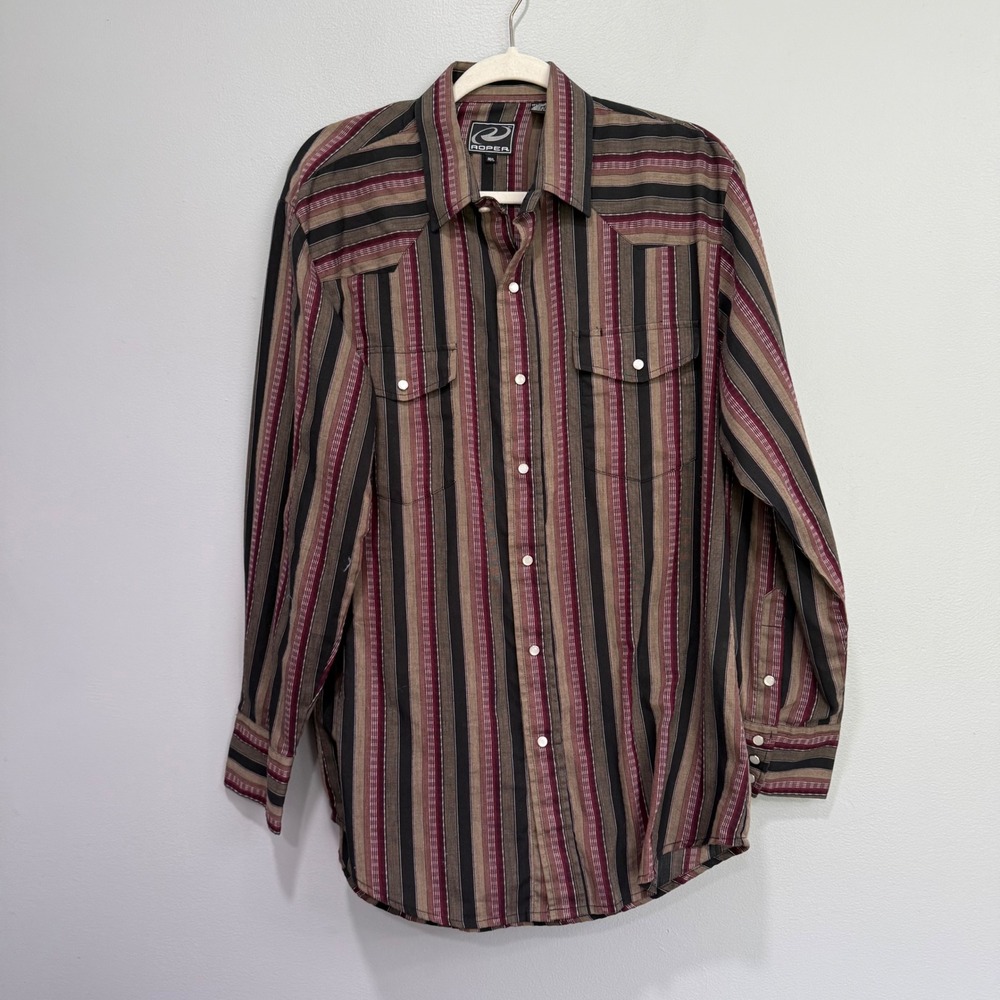 Roper Mens Western Pearl Snap Shirt Large Striped Burgundy Brown